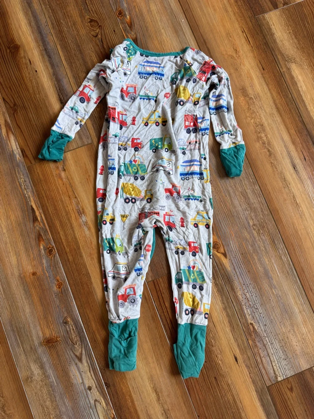 Little sleepies - 12-18 month - Footed Pajama - Teal Trim with Multicolor Trucks